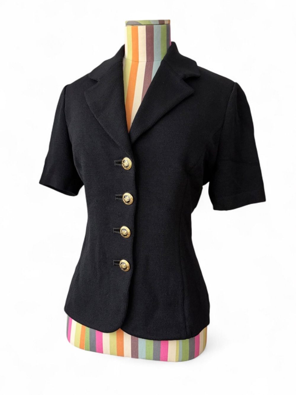 Vintage St. John Basics Knit Short Sleeve Blazer Jacket Top Blouse Black